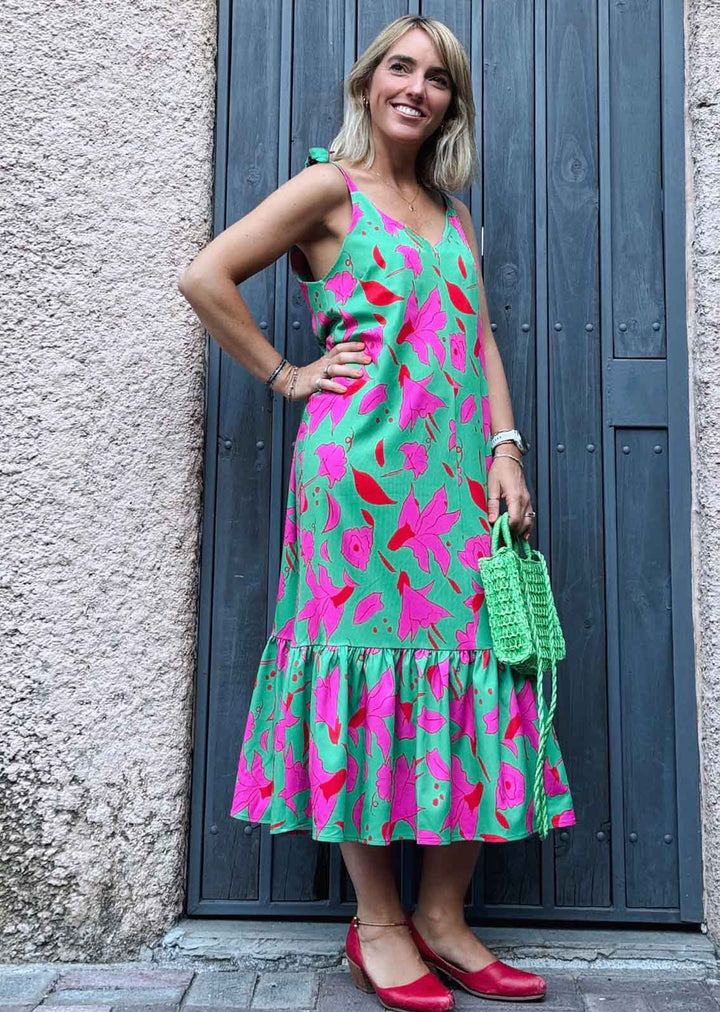 Vestido Julieta | Flores - Verde & Pink