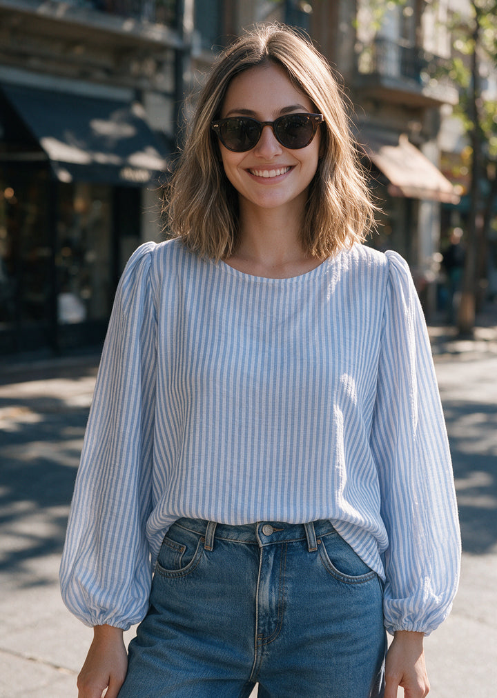 Blusa Gloria Manga Larga | Rayas Celeste