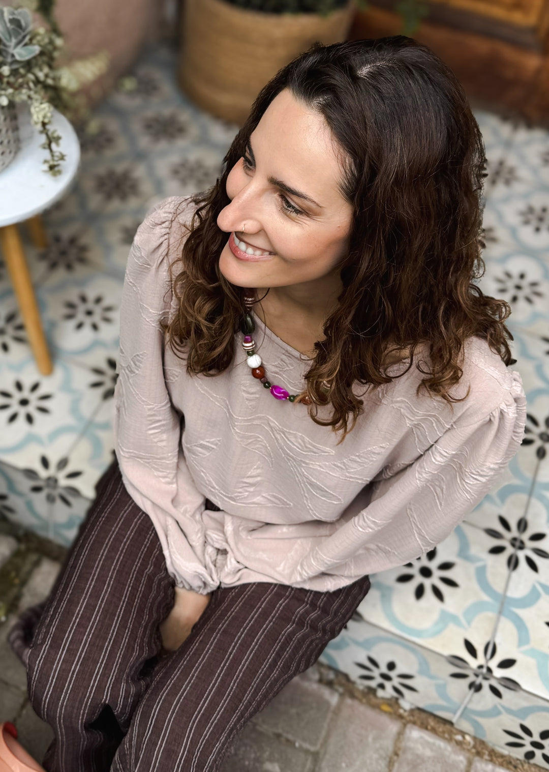 Blusa Gloria Manga Larga | Beige Hojas