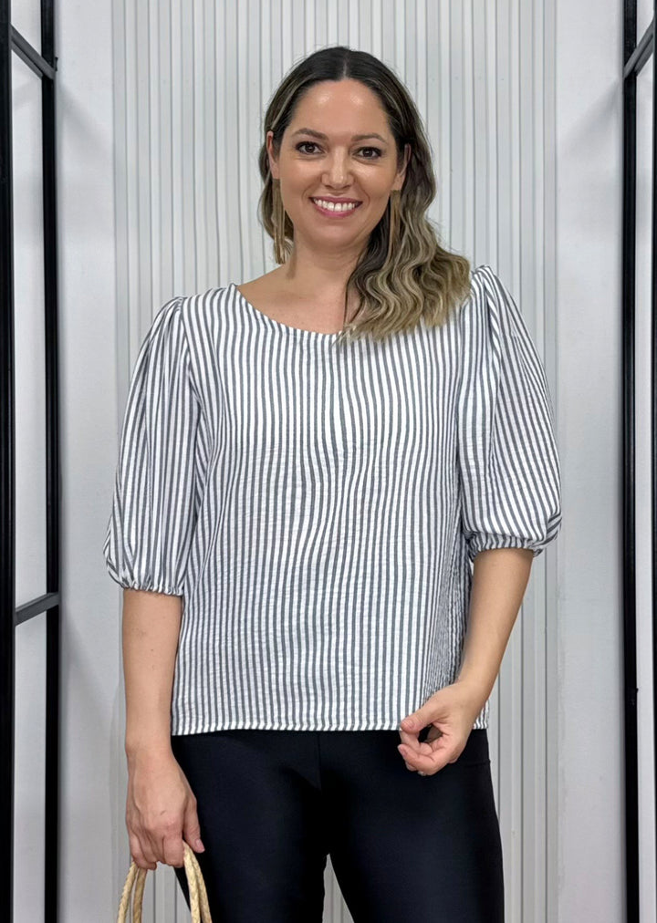 Blusa Gloria | Rayas Grises - Manga Corta