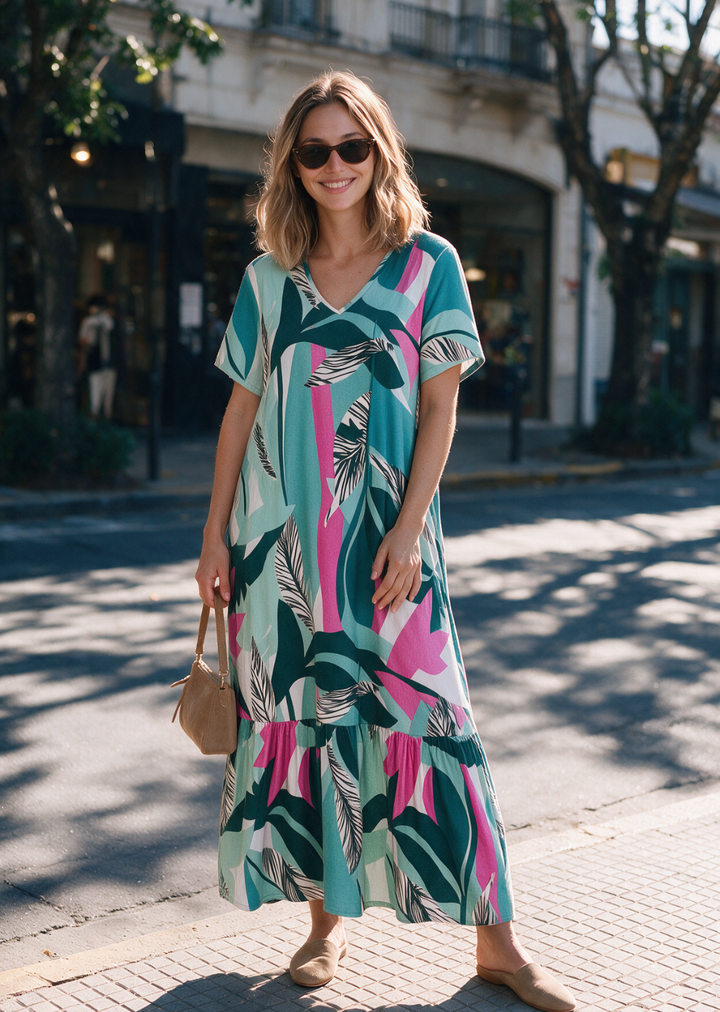 Vestido Rafa | Hojas turquesa, pink