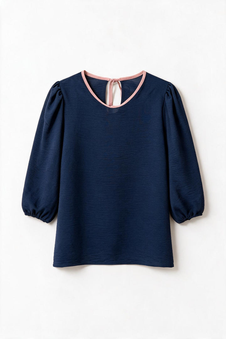 Blusa Gloria manga 3/4 | Azul marino, cuello palo rosa