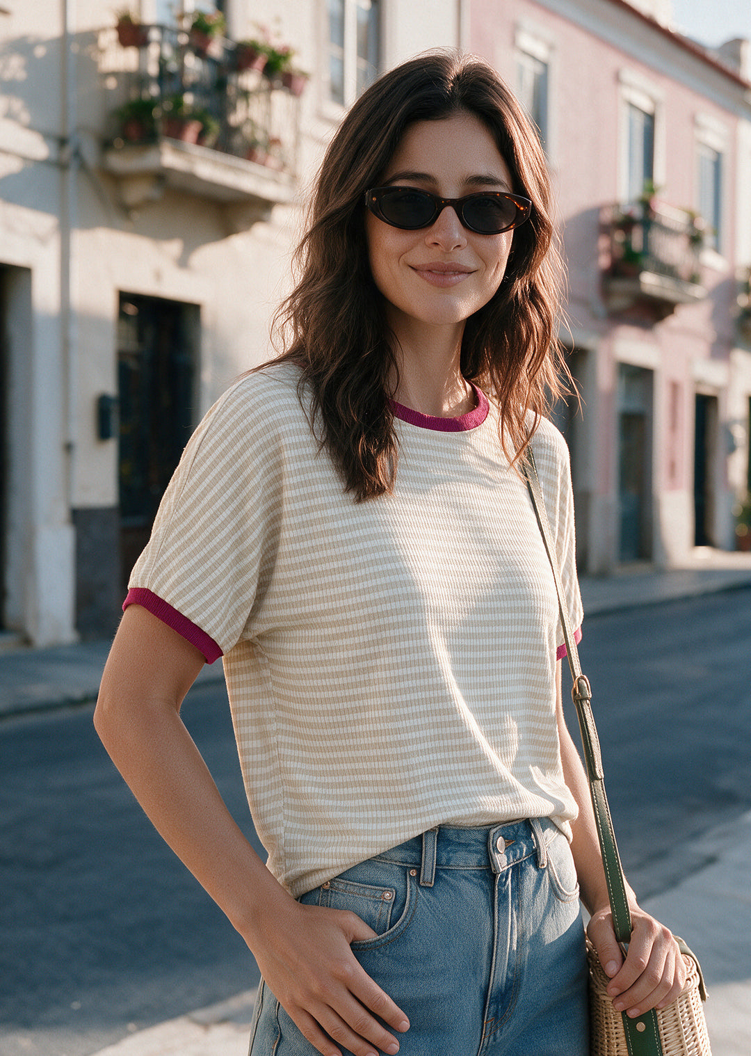 Polera Pili | Rayas beige, magenta