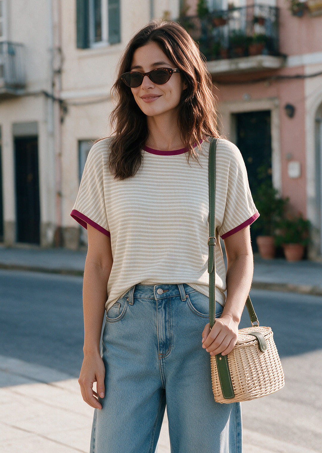 Polera Pili | Rayas beige, magenta