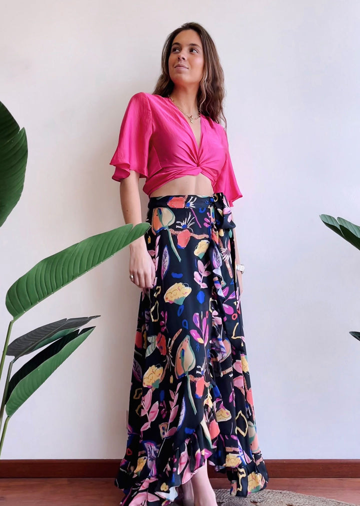 Pollera Augusta | Negro Hojas colores