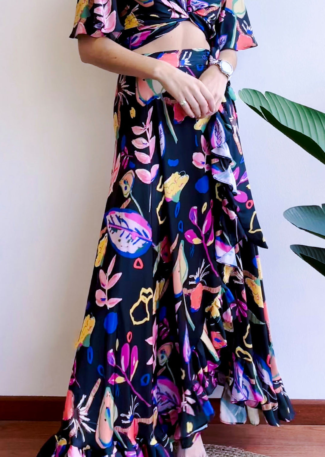 Pollera Augusta | Negro Hojas colores