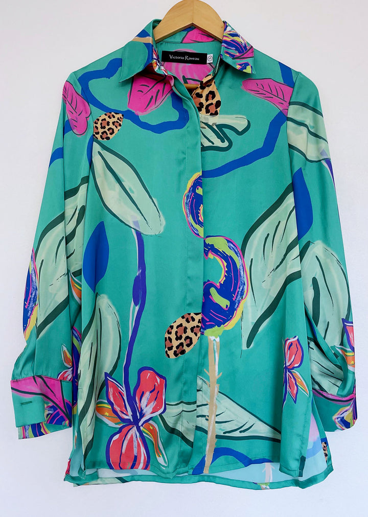 Blusa Bernarda | Flores - Print Fondo Verde Turquesa