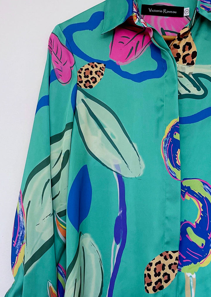 Blusa Bernarda | Flores - Print Fondo Verde Turquesa