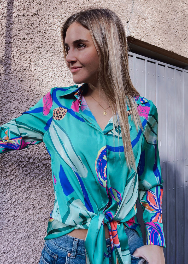 Blusa Bernarda | Flores - Print Fondo Verde Turquesa