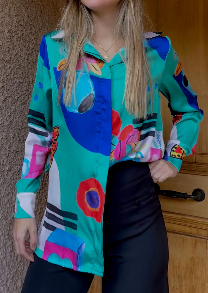 Blusa Bernarda | Pintura Fondo Verde Turquesa