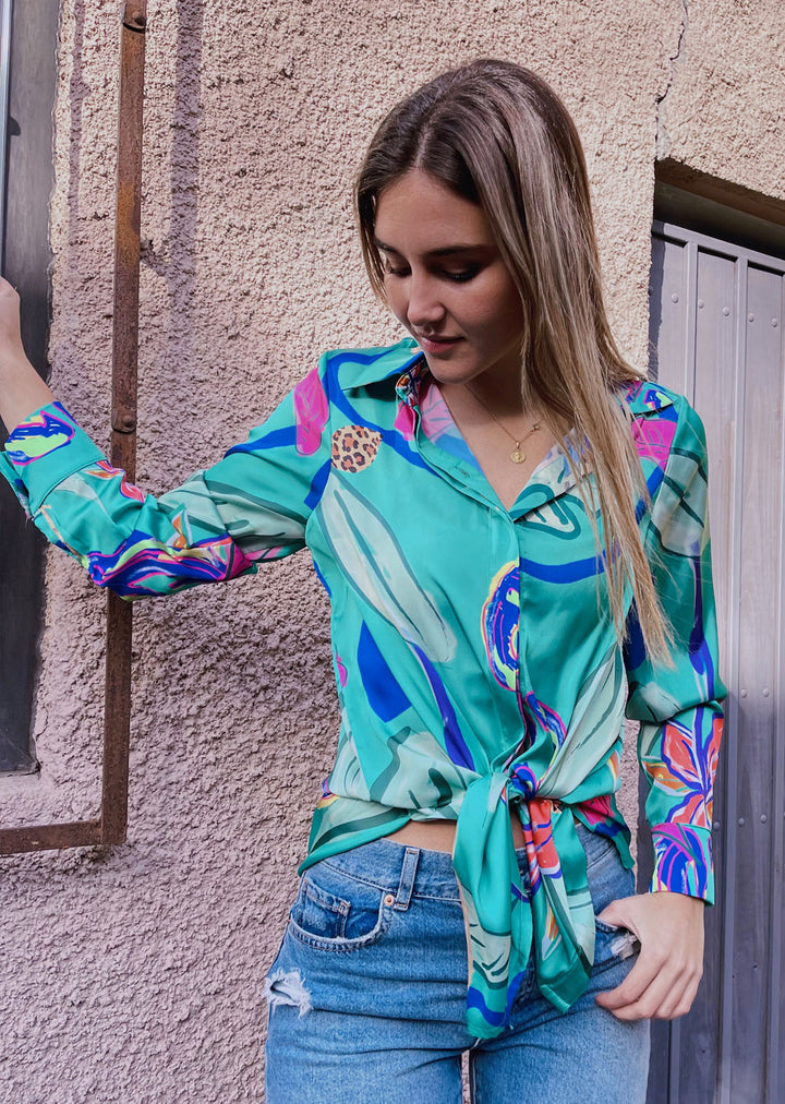 Blusa Bernarda | Flores - Print Fondo Verde Turquesa