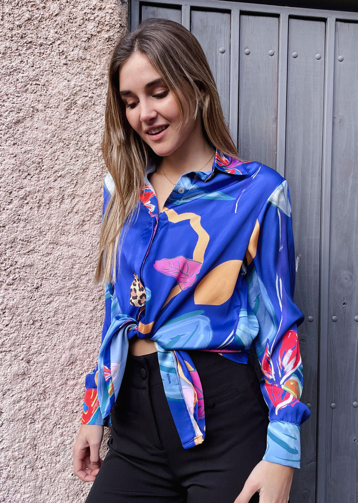 Blusa Bernarda | Flores - Print Fondo Morado Azulado