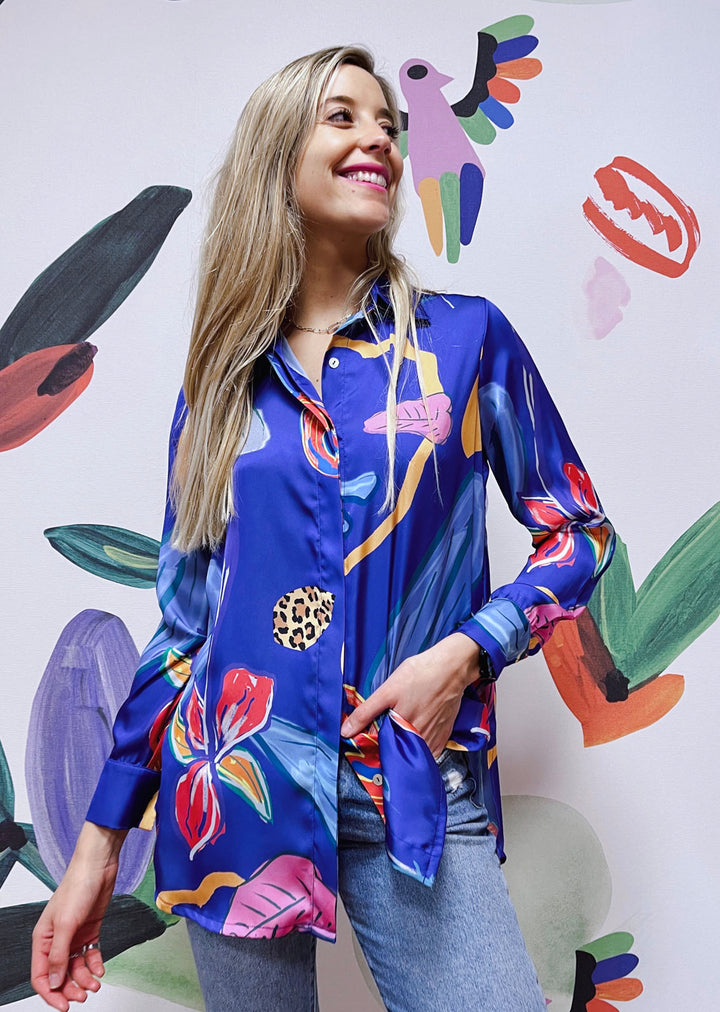 Blusa Bernarda | Flores - Print Fondo Morado Azulado