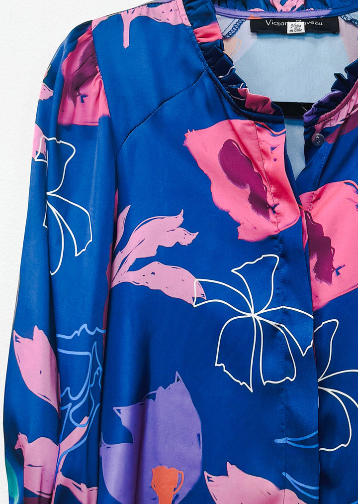 Blusa Antonia | Flores Pink Fondo Azul