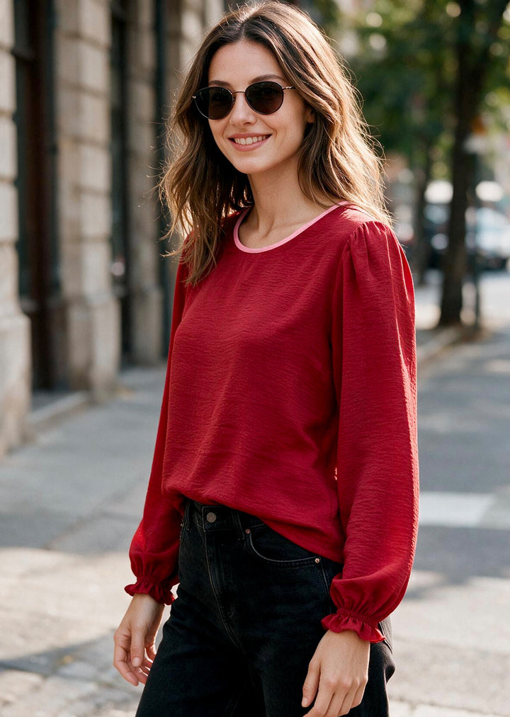 Blusa Gloria Manga Larga | Roja cuello pink