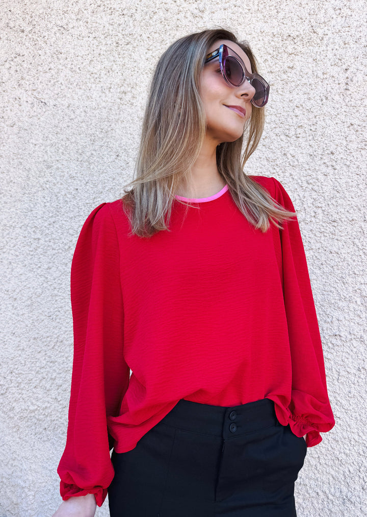 Blusa Gloria Manga Larga | Roja cuello pink