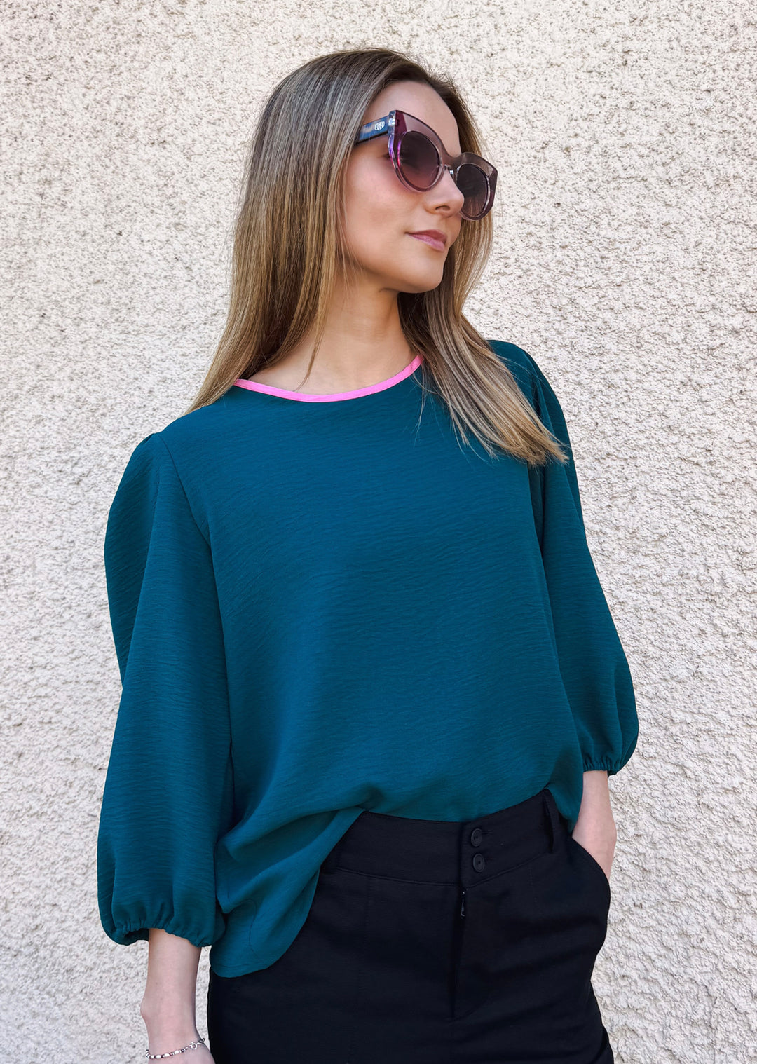Blusa Gloria manga 3/4 | Petróleo, pink