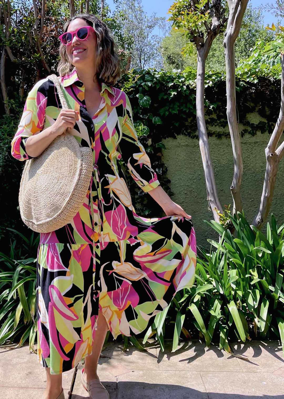 Camisero Pilar manga 3/4 | Hojas - Fucsia & Negro