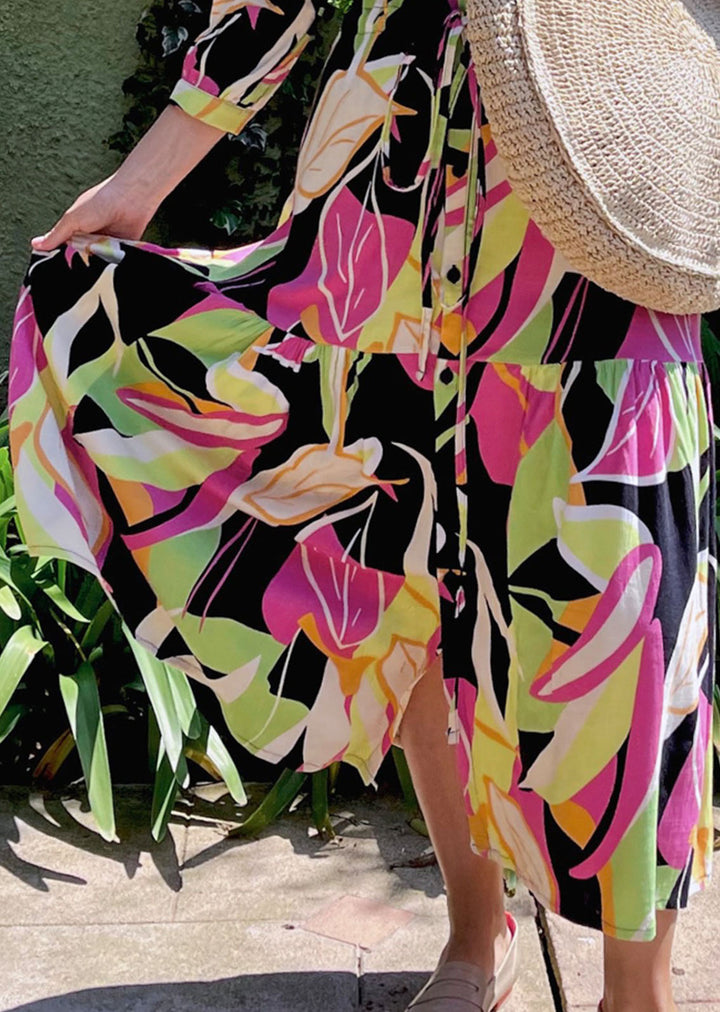 Camisero Pilar manga 3/4 | Hojas - Fucsia & Negro