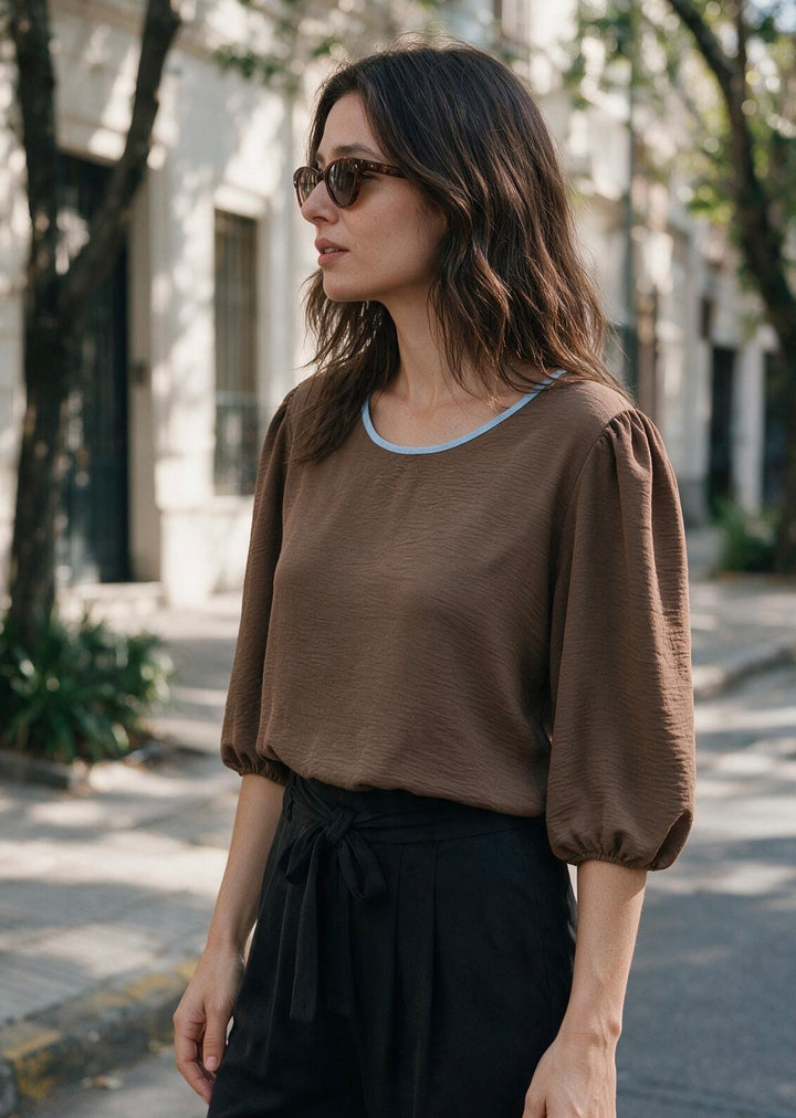 Blusa Gloria manga 3/4 | Moka, celeste