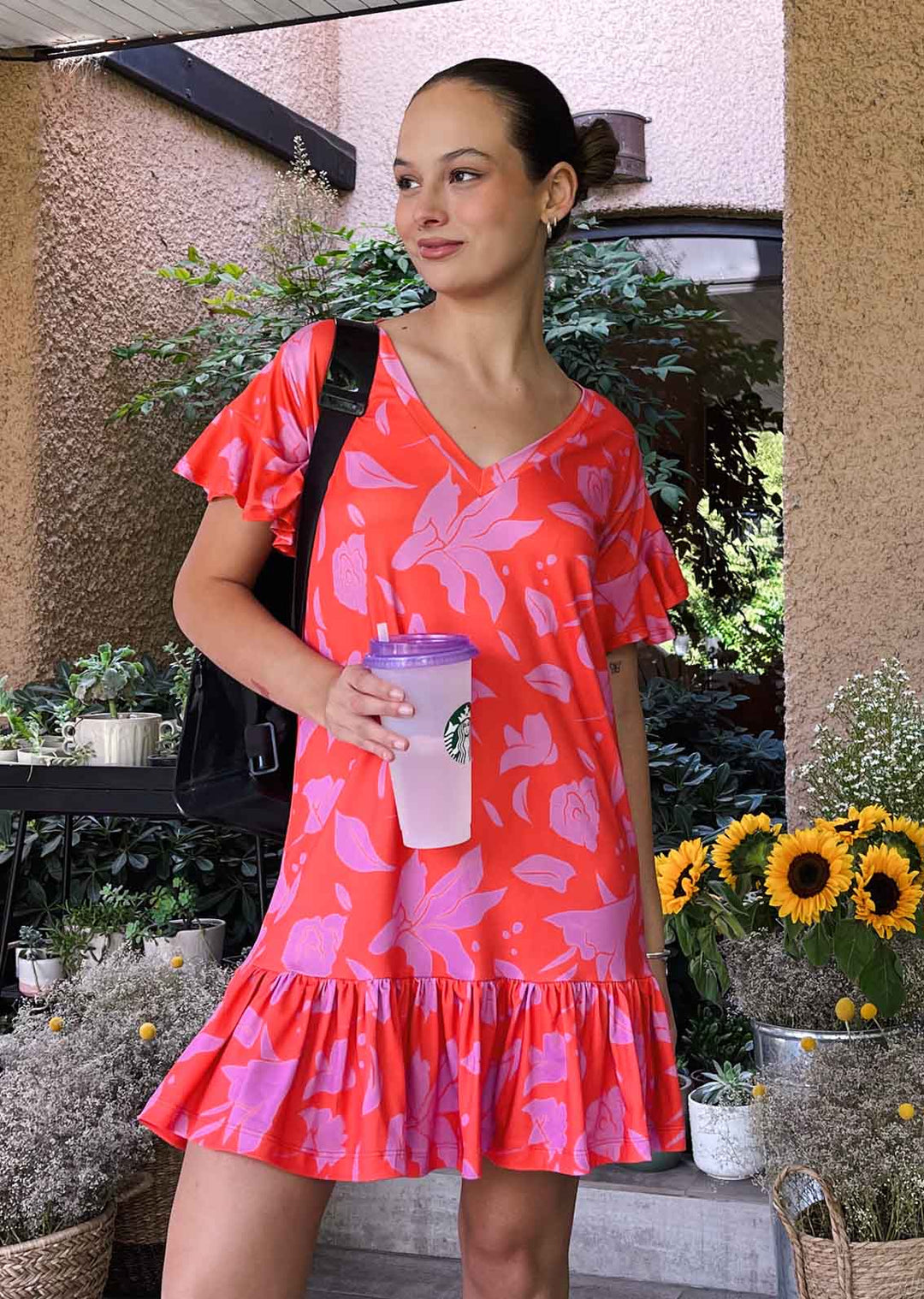 Vestido Josefina cuello V |  Flores - Rojo y Pink