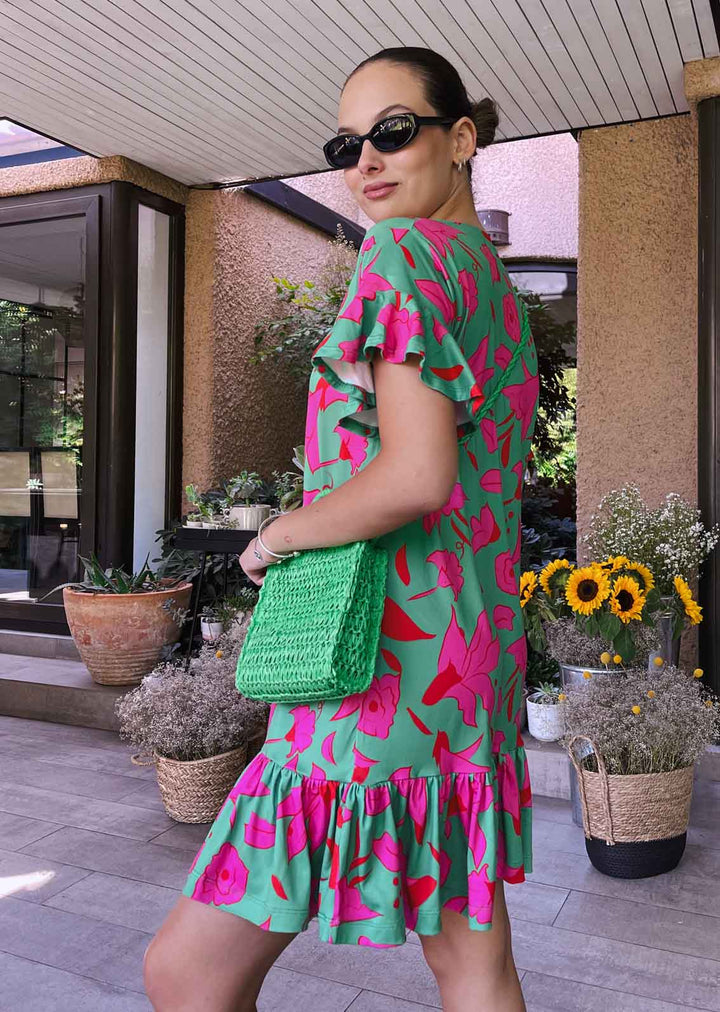 Vestido Josefina cuello V |  Flores - Verde & Pink