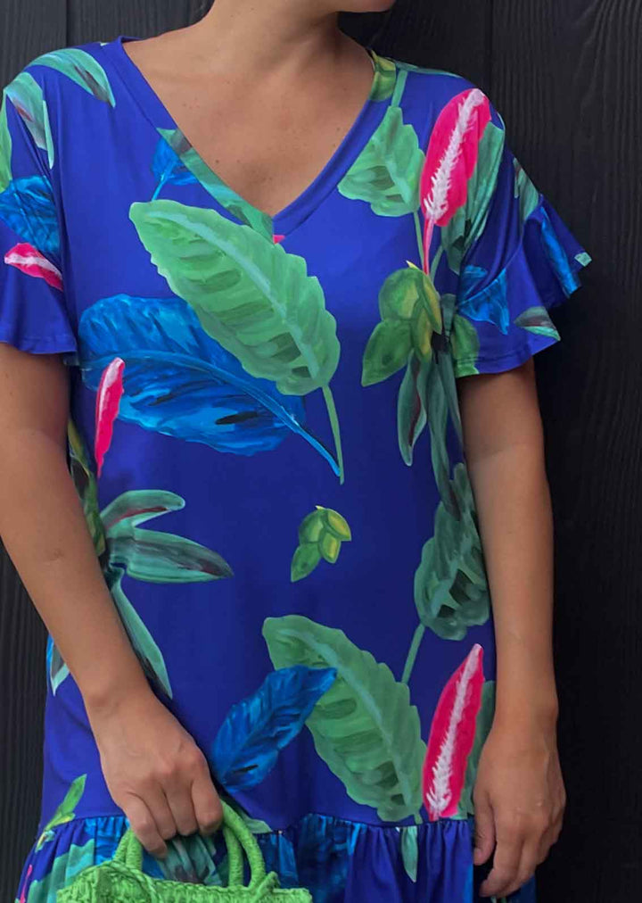 Vestido Josefina cuello V  | Hojas Tropicales fondo azul