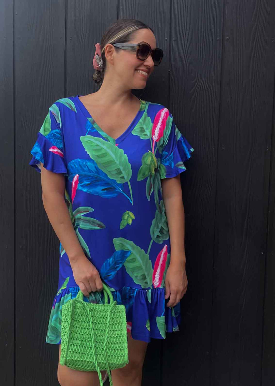 Vestido Josefina cuello V  | Hojas Tropicales fondo azul