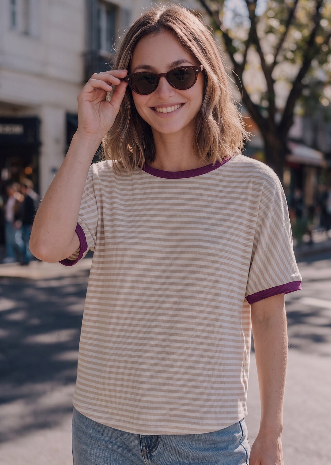Polera Pili | Rayas beige, magenta