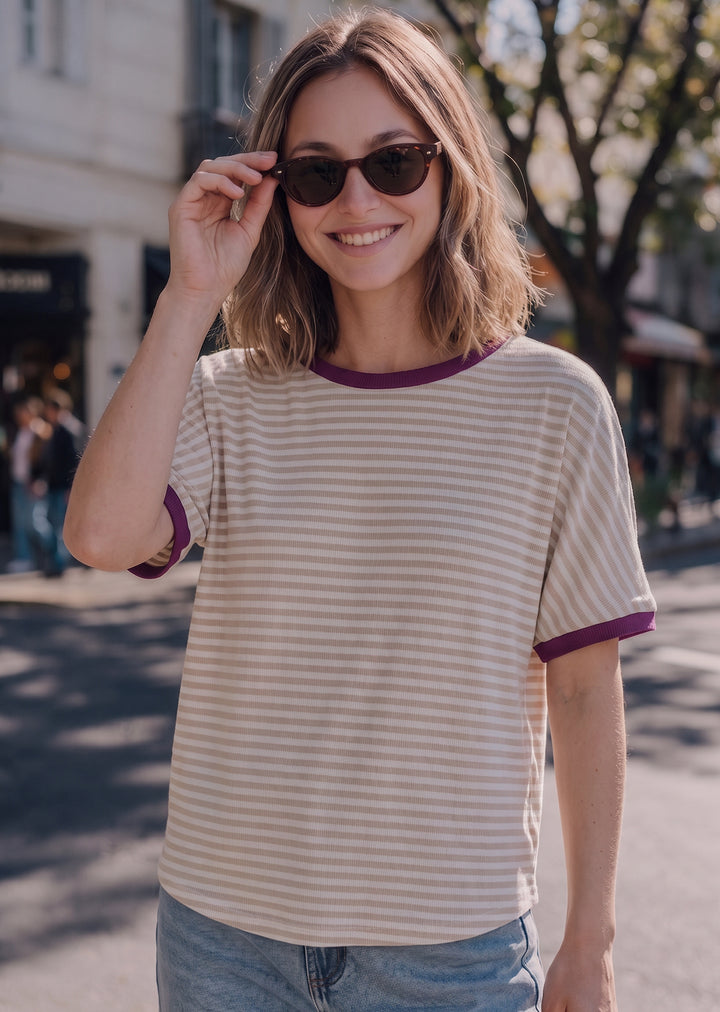 Polera Pili | Rayas beige, magenta