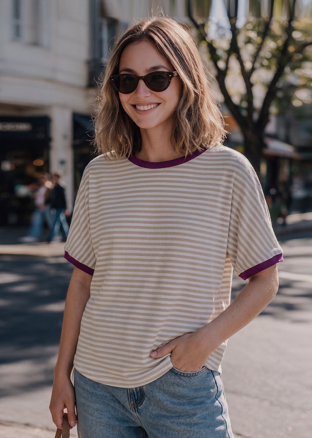 Polera Pili | Rayas beige, magenta