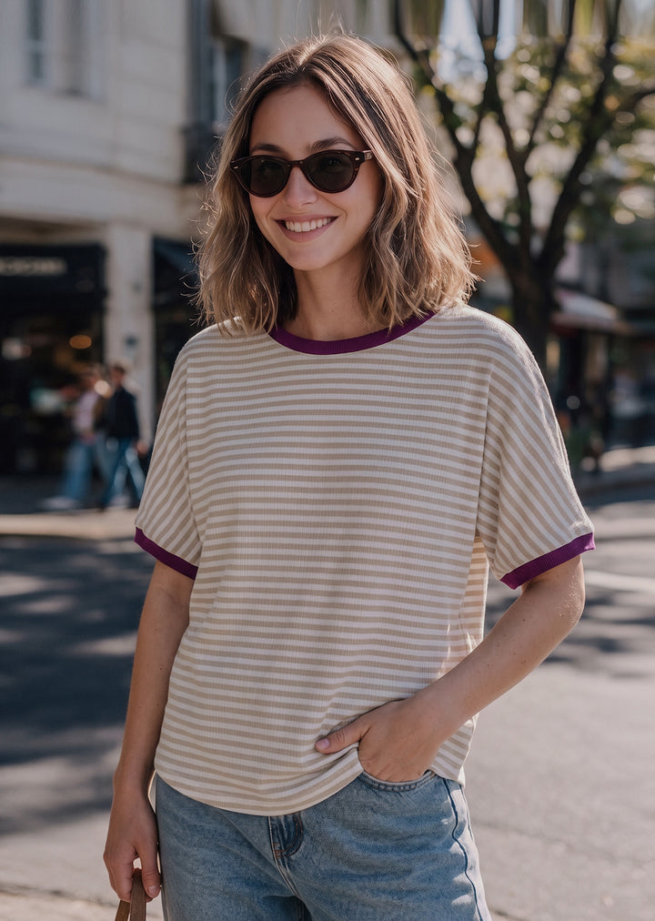 Polera Pili | Rayas beige, magenta