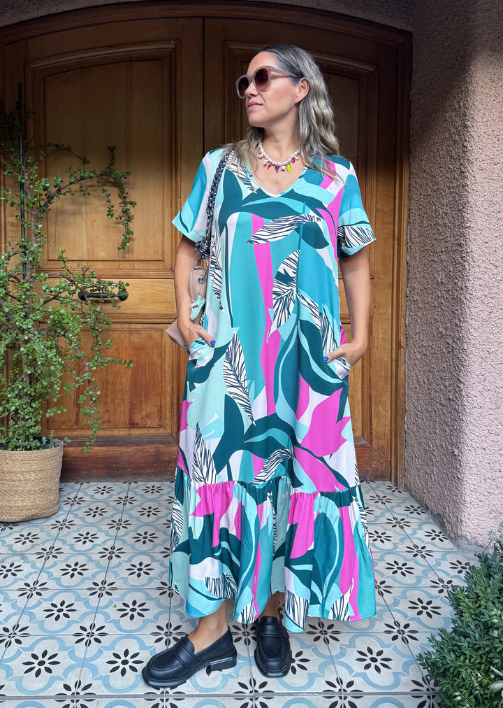 Vestido Rafa hojas turquesa y pink - vestido estampado mujer para salidas coloridas o eventos especiales hecho en Chile | Victoria Raveau