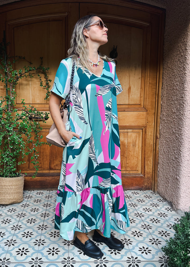 Vestido Rafa hojas turquesa y pink - vestido estampado mujer para salidas coloridas o eventos especiales hecho en Chile | Victoria Raveau